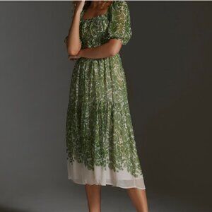 ANTHROPOLOGIE SMOCKED MIDI BOHO DRESS GREEN SIZE MEDIUM